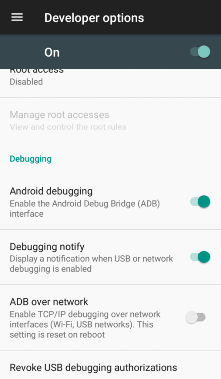 Developer options -> ADB over network